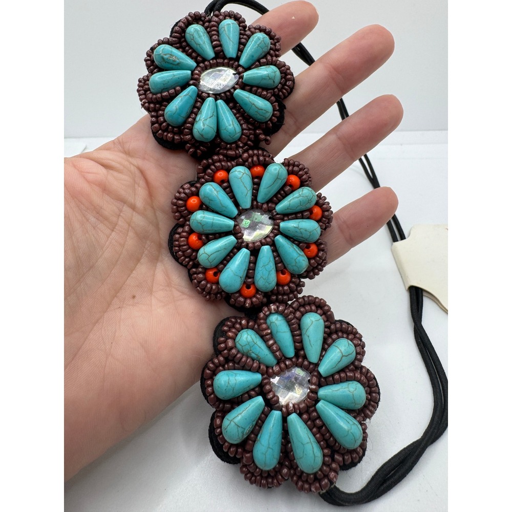 Winter Lennon Beaded Floral Headband Turquoise Brown Boho Southwestern New